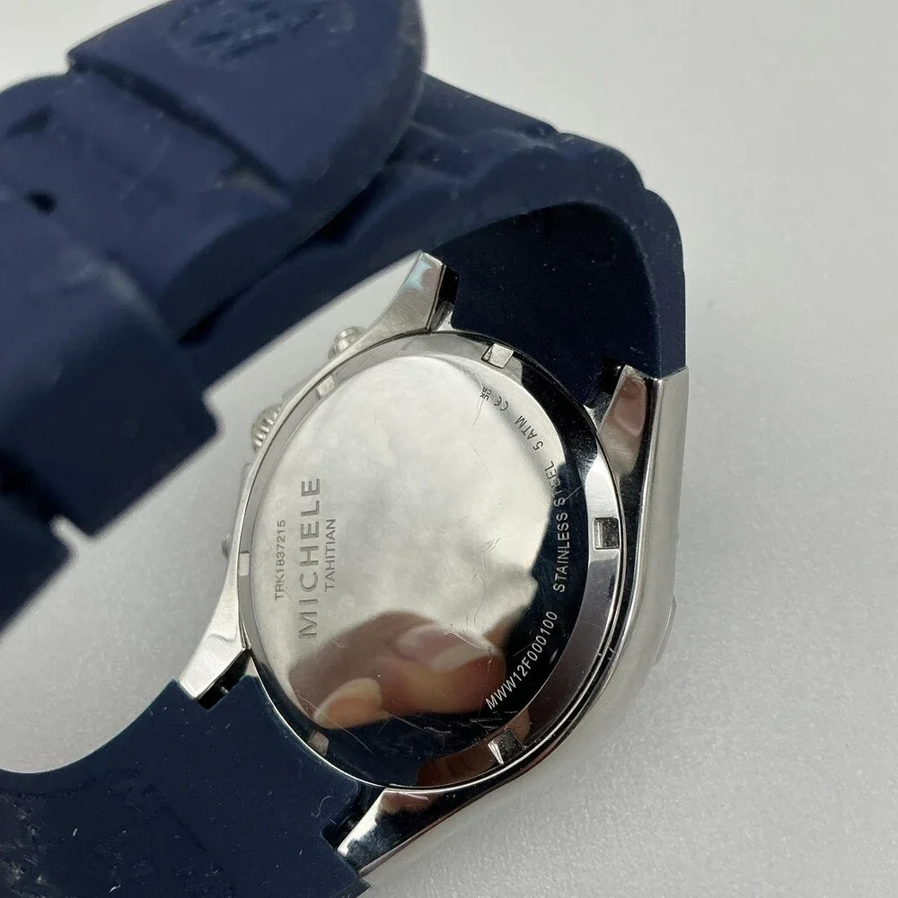 Michele Tahitian Womens Watch 41mm Silver Tone Chrono Blue Rubber New Battery